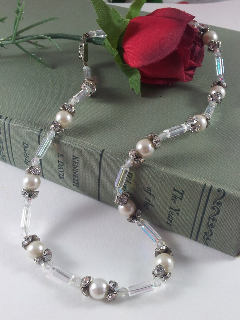 Glass Pearl Bugle Bead Rhinestone Necklace 19 Vintage Etsy