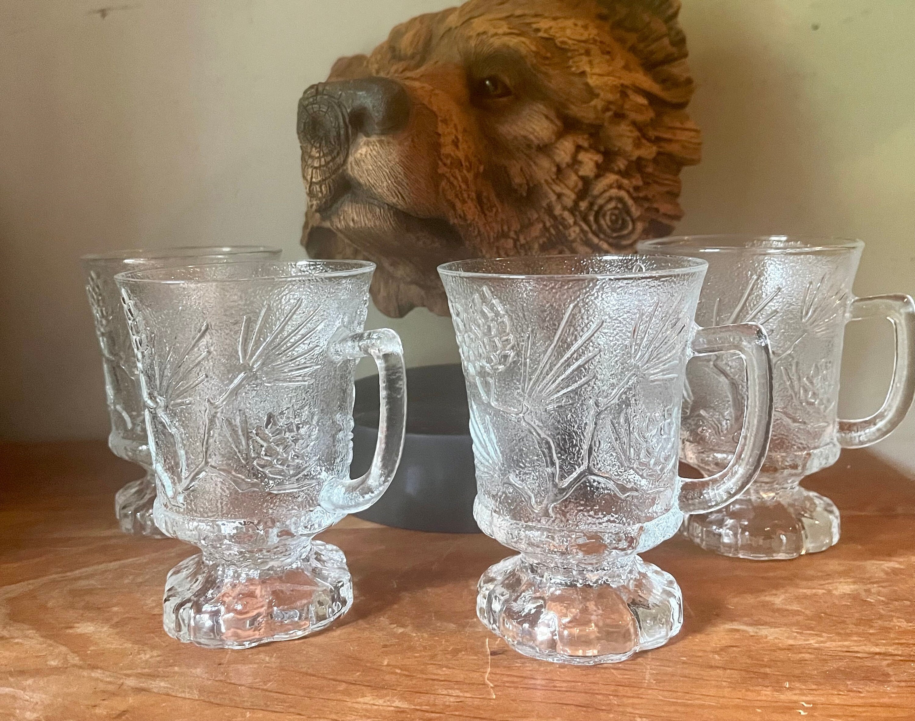 Set of 4 Tiara Exclusives Vintage Footed Coffee Mugs, Ponderosa Pine,  Indiana Glass Company, Pinecone Textured Glass 