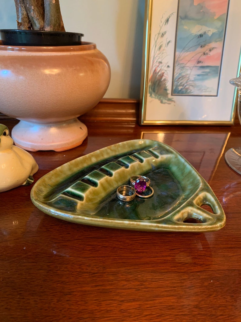Mid Century Green Pottery Ashtray Triangle USA Etsy