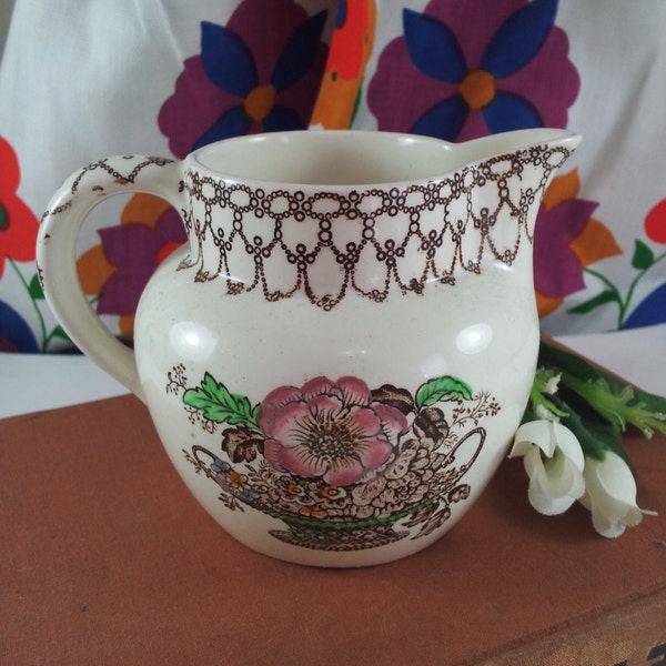 Myott Son & Co Cream Pitcher Bonnie Dundee Staffordshire Flower Basket Transfer