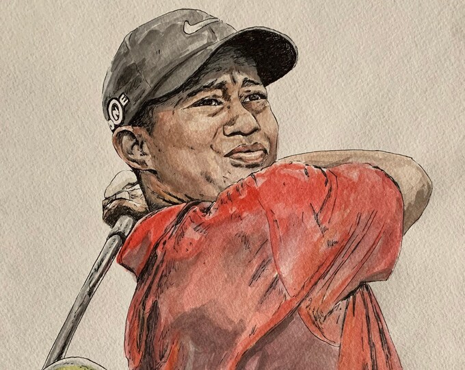 Original Art, Tiger Woods Ink Drawing, Watercolor Painting Etsy