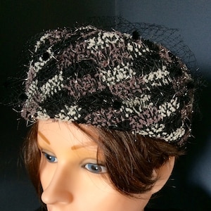 Vintage Women&#39;s Hat, Pillbox Hat, Netting and Bows, Silver Sparkle, Unique Mid Century Hat, True Vintage 60s