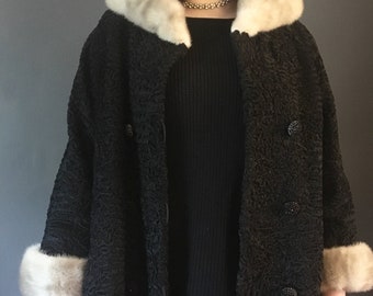 Vintage Statement Coat, True Vintage, Persian Lamb Fur Coat, Real Black Fur and Mink Trim Fancy Dress Coat, 1940s Vintage Coat