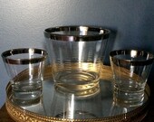 Unique Vintage Barware Set, Rocks Glasses with Ice Bucket, Silver Trim Barware Set