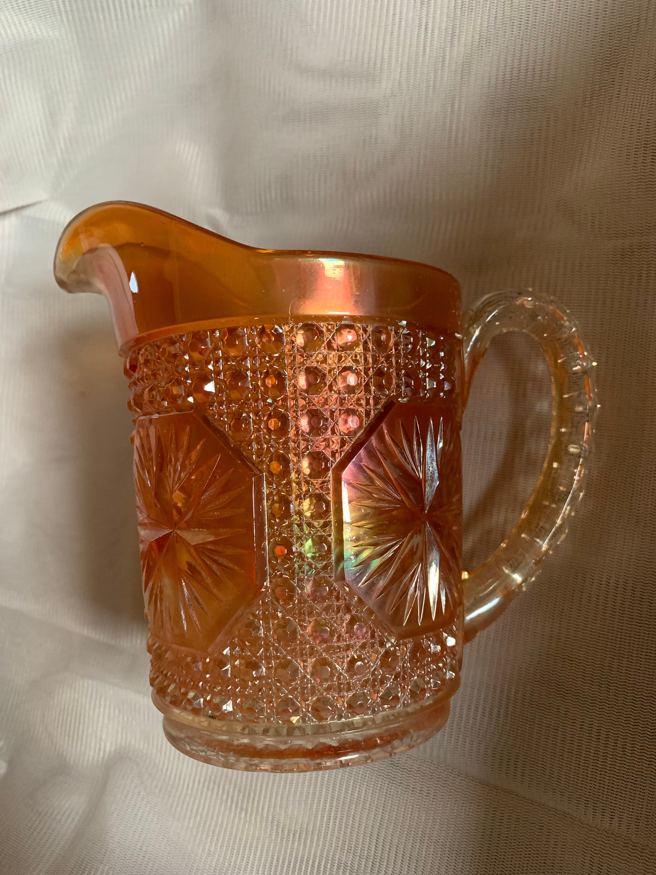 Rare Carnival Glass Pitcher, 18 Ounce Capacity, Cut Glass
