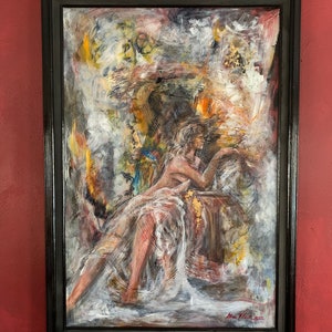 Woman with Cigar, Original Expressionist Style Painting, Figure, one of a kind collectible art, Large Painting, Framed Art, Signed by Artist