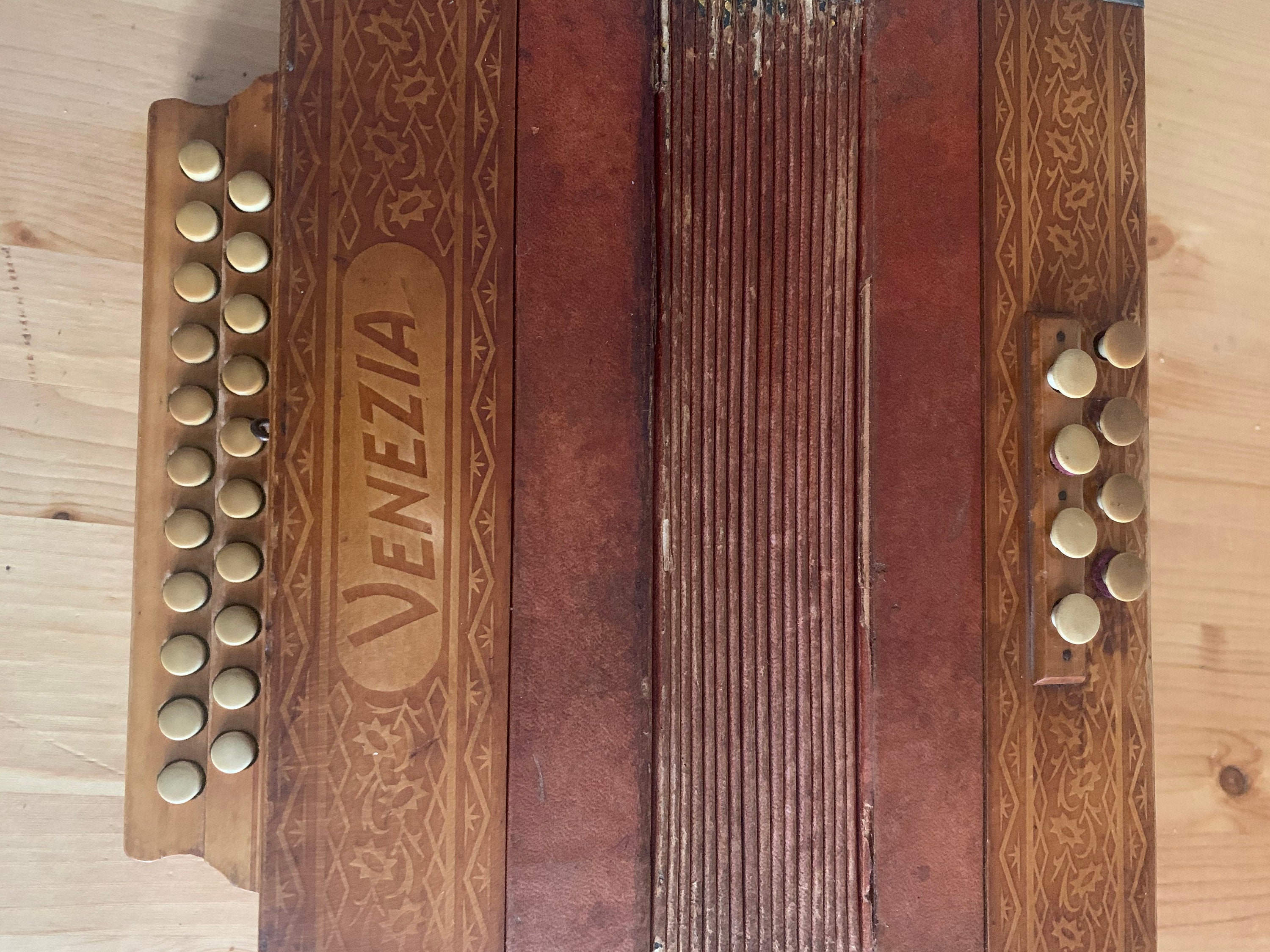 Vintage German Venezia Button Accordion, Steel Reeds, Antique