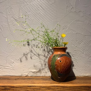 Vintage Midwestern Style Pottery Vase, Small Vase, Fish Design, Hand Made Vase, Unique Collectible