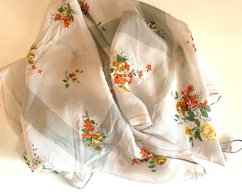 Vintage Hand Rolled Rayon Crepe Scarf, Sheer Scarf, Retro Fashion