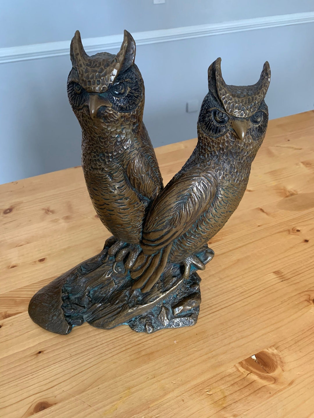 Rare Bronze Desktop Sculpturevintage Owls Horned Owls Heavy Etsy