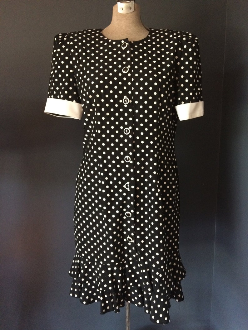 Vintage Black and White Dress Short Sleeves Polka Dot Dress Ruffle Bottom Short Dress Rockabilly