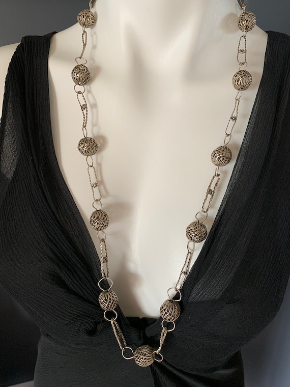 Vintage Metal Filigree Necklace, Long Necklace, M… - image 1
