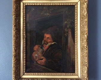 Arte holandés antiguo, firmado, en la escuela de Adriaen van Ostade, Haarlem 1610-1685, pintura de género holandesa, óleo, campesino bebiendo