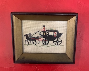 Small Vintage Framed Needlework, Stagecoach, Textile Art, Powder Room Art, Early Americana