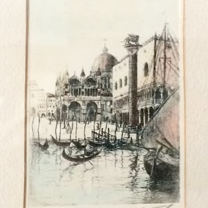 Vintage Print of Italy, Hand Colored, Plate Print, Venezia, Venice, Small Artwork, Artist Signed
