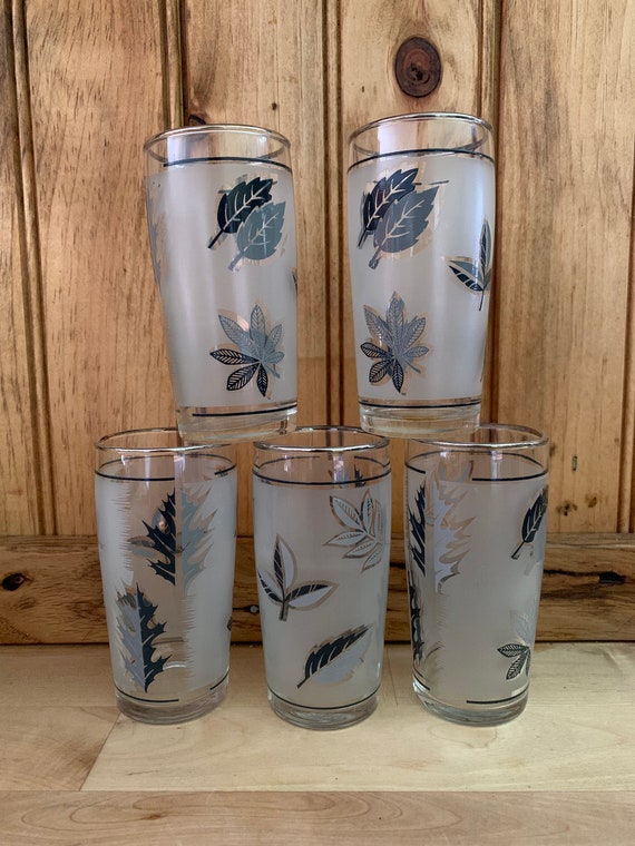 Vintage Libbys Glassware, Double Shot, Juice Glasses, 4 Ounce Glasses, Set  of 5 Gray Leaf Frosted Glasses 