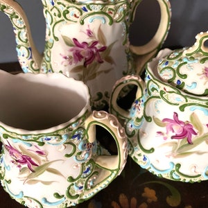 Moriage Japanese Tea Set, Three Piece Vintage Porcelain, Hand Painted Collectible
