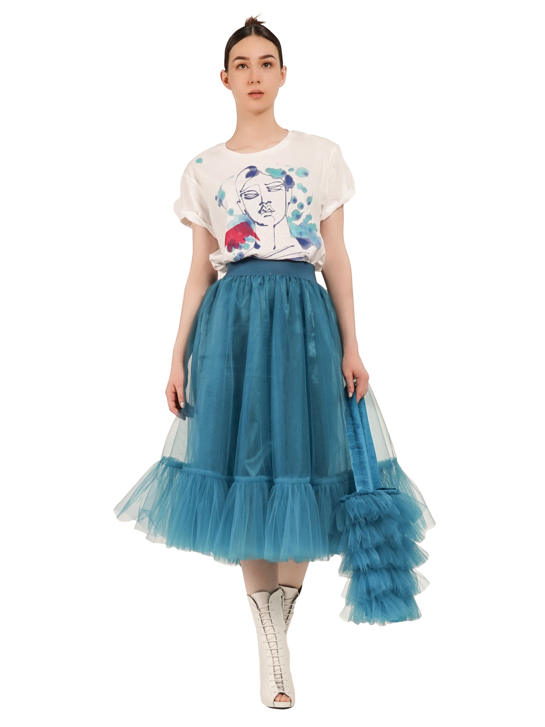 Image of Set. Turquoise Tulle Skirt & Ruffled Handbag