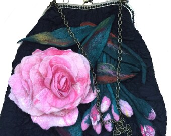 Pink rose felted  handbag