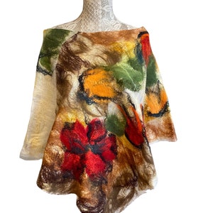 White Felted poncho with abstract wild flowers