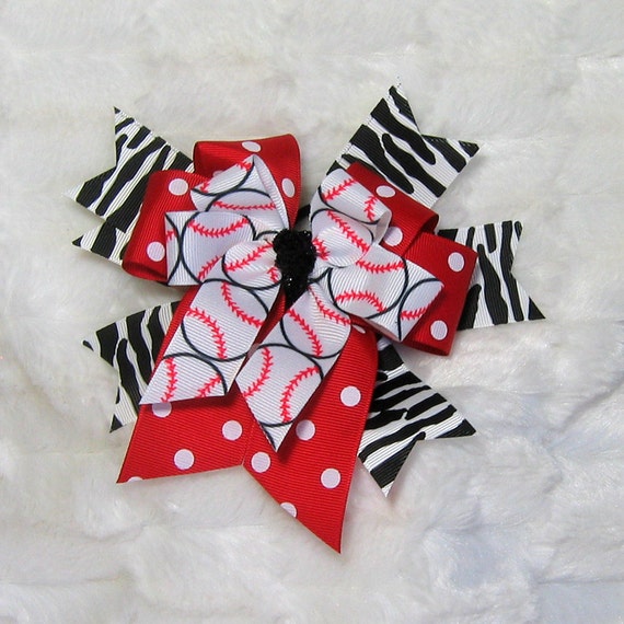 Baseball Bow Large Hair Bow With Zebra Background Spikes A Etsy