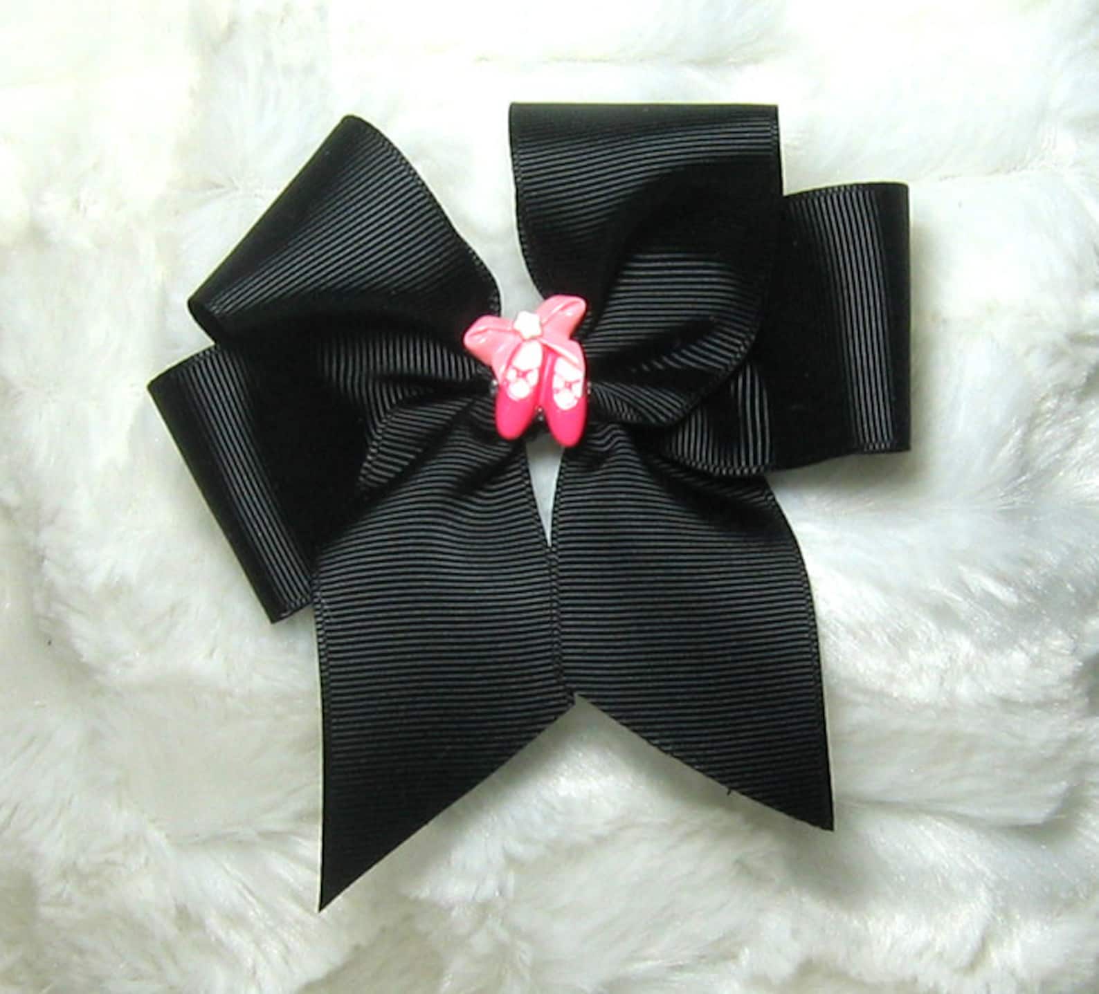 ballet dance bow - 4 inch single girls solid black hair bow with a pair of pink resin ballet shoes in the center