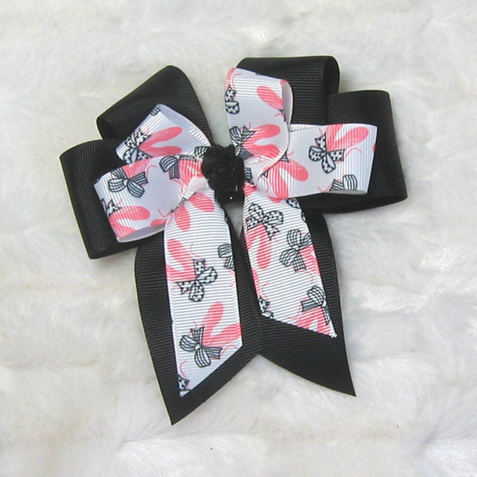 ballet dance bow - cute pink & black ballet shoes on white ribbon top bow with a background bow in solid black and black glitter