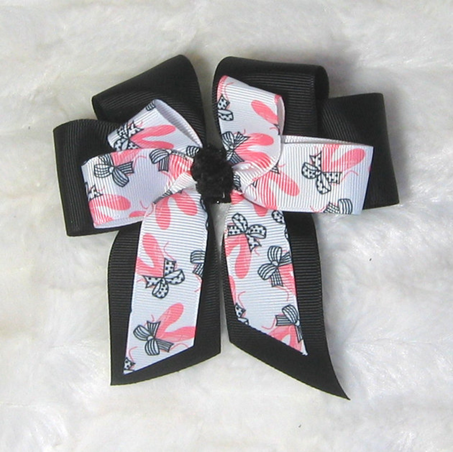 ballet dance bow - cute pink & black ballet shoes on white ribbon top bow with a background bow in solid black and black glitter