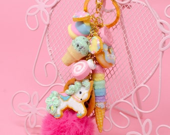 Pastel Unicorn Sweets Key Chain - Hot Pink PomPom