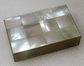 Vintage Volupte Compact Mother of Pearl Over Brass Mirrored with Face Powder Lipstick Section Collectible Compact