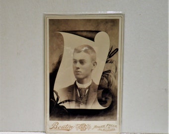 Antique Memorial Cabinet Card / Handsome Young Man / Photographic Studio of Bouton 125 1/2 North Phillips Ave. Sioux Falls, South Dakota