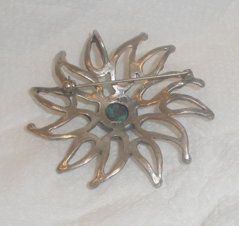 Vintage Sterling Brooch Pendant Modern Open Leaf Flower Design Unakite Center Stone Cabochon Marked 925 Polished Gemstone