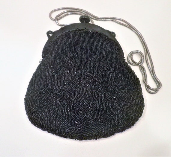 Antique Formal  Purse / Black Beads with Black Lu… - image 1