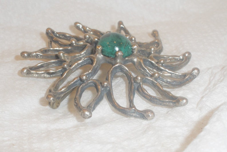 Vintage Sterling Brooch Pendant Modern Open Leaf Flower Design Unakite Center Stone Cabochon Marked 925 Polished Gemstone