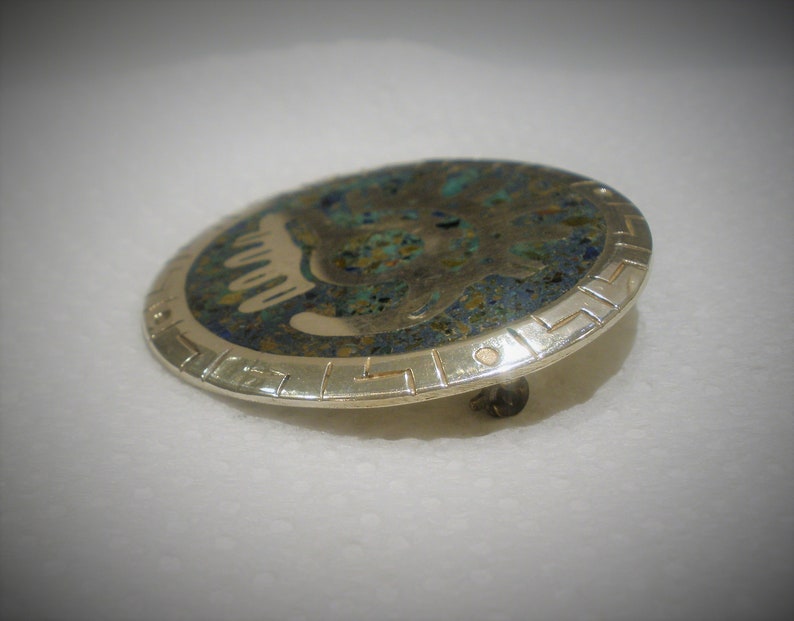 Vintage Sterling BroochPendant Made in Taxco Mexico Silver Assay Mark Round Aztec Design Quality Made Collectible Gift Item