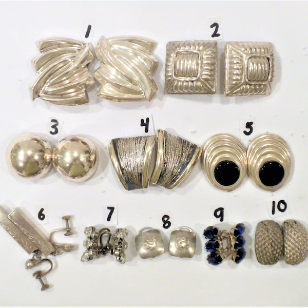 Sterling Silver Jewelry / Lot of 10 Clip On & Screw Back Earrings / Nice Assortment / Buy 1 of All / Great Gift Items / I