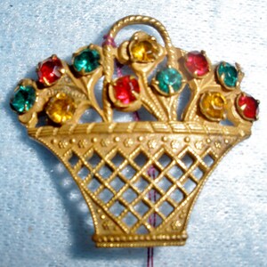 Brass Basket Brooch / Victorian Style with C Clasp / Multi Colored Gemstones / Very Collectible / Great Gift Item / 50% SALE
