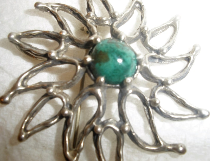 Vintage Sterling Brooch Pendant Modern Open Leaf Flower Design Unakite Center Stone Cabochon Marked 925 Polished Gemstone