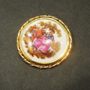 Vintage Signed &quot;Limoges&quot; Brooch / Victorian Scene / Dome Shaped Porcelain / Signed Fragonard / Gold Finish Setting / Extended C Clasp