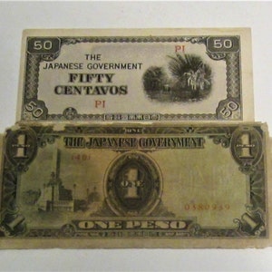 WW2 50 Centavos & 1 Peso / Japan Occupation Philippine Islands Currency / Foreign Military Bills / Very Collectible / Great Gift Item