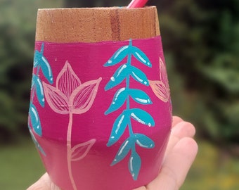 Hand Painted Argentine Mate Gourd. Algarrobo wood  Low cost