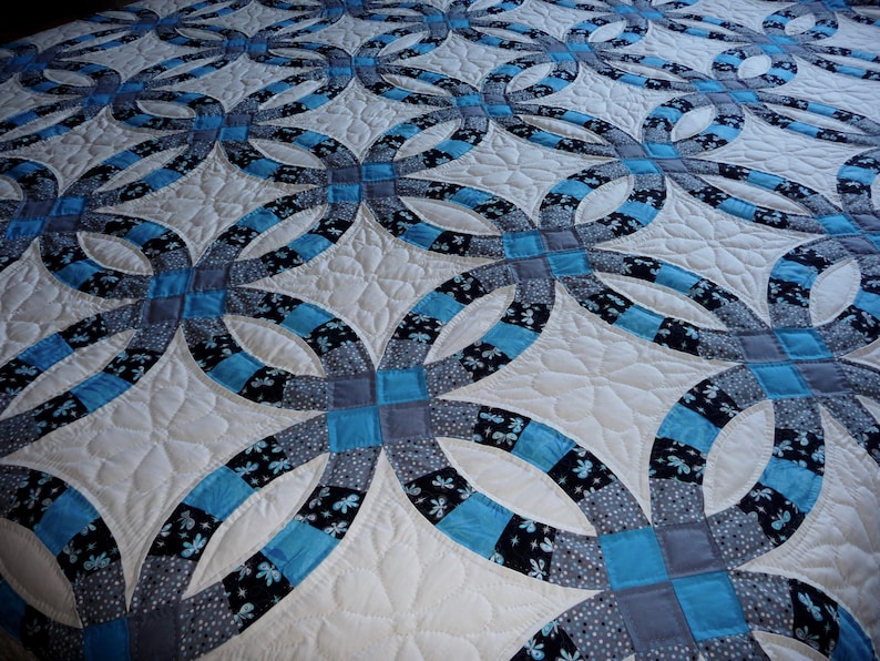 Double Wedding Ring Amish Quilt in Blue and Gray Amish King Etsy