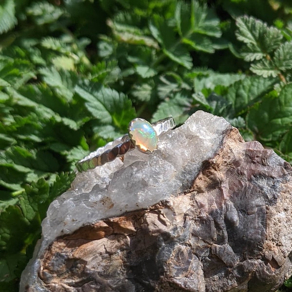 Opal sterling silver ring / dainty solitaire delicate 925 stacker rope twist band / psychedelic magic charm occult gem fire / OOAK gift 7