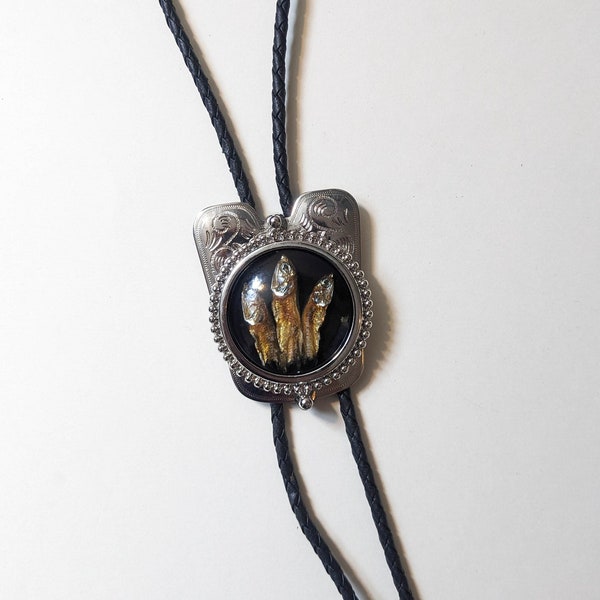 Silver fish bolo tie / resin taxidermy necklace cowboy western rocker punk black leather dried anchovies handmade / OOAK gift weirdo goth