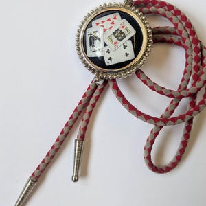 Casino Royale playing cards resin bolo tie / red velvet casino wear lucky charm gambling necklace / cowboy western boho rocker wedding gift