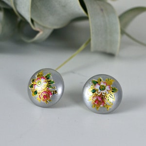 Vintage 60s Dainty Little Light Gray Enamel Hand Painted Gold Pink Posies Roses Floral Round Button Studs for Pierced Ears