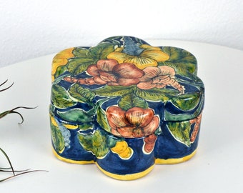 Vintage Painted Blue Yellow Floral Mexican Talalvera Pottery Large Flower Shaped Scalloped Lidded Ceramic Trinket Box