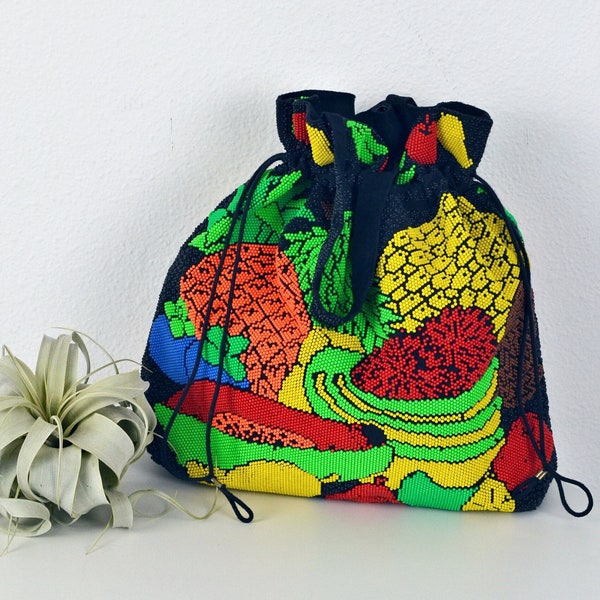 Vintage 70s Mod Bright Rainbow Fruit Salad Produce Drawstring Beaded Top Handle Handbag Made in Hong Kong