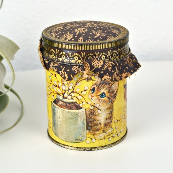 Vintage 70s Mod Retro Metal Tin Jar Wax Candle Kitschy Cute Kittens with Calico Fabric Padded Lid Gift Giving Idea by Jasco