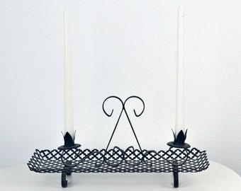 Vintage 70s HOMCO Black Metal Double Open Work Gothic Farmhouse Cottage Core Taper Candle Stick Holder Tabletop Candelabra